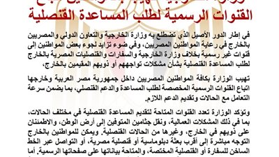 الخارجية تهيب بالمصريين اللجوء إلى القنوات الرسمية لطلب المساعدة والدعم القنصلي