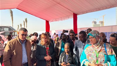 مي عبد الحميد تعمل بالفأس مع الأفارقة في العاصمة الإدارية.. صور