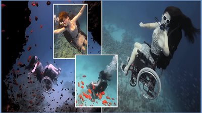 بالفيديو| امرأة من «ذوي الهمم» تغطس بالكرسي المتحرك في شرم الشيخ 