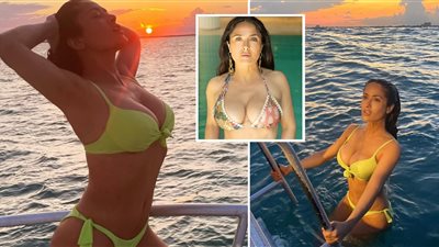 إطلالات سلمى حايك بالبكيني في صيف 2023 أبرزها الأصفر الكلاسيك 